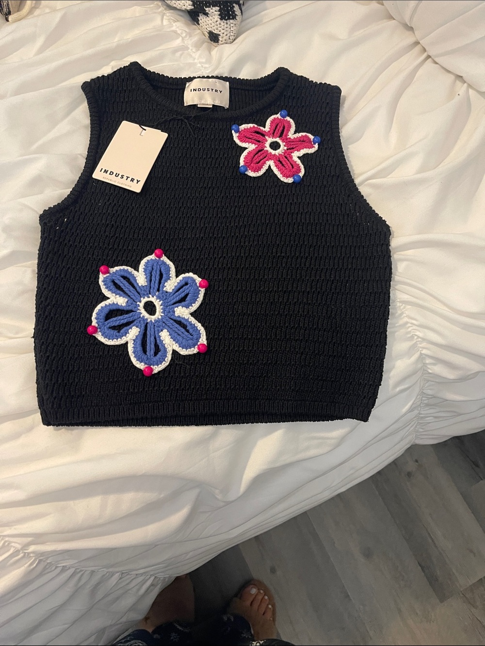 Industry Black Cropped Knit Sweater Vest with Blue & Pink Floral Appliqués